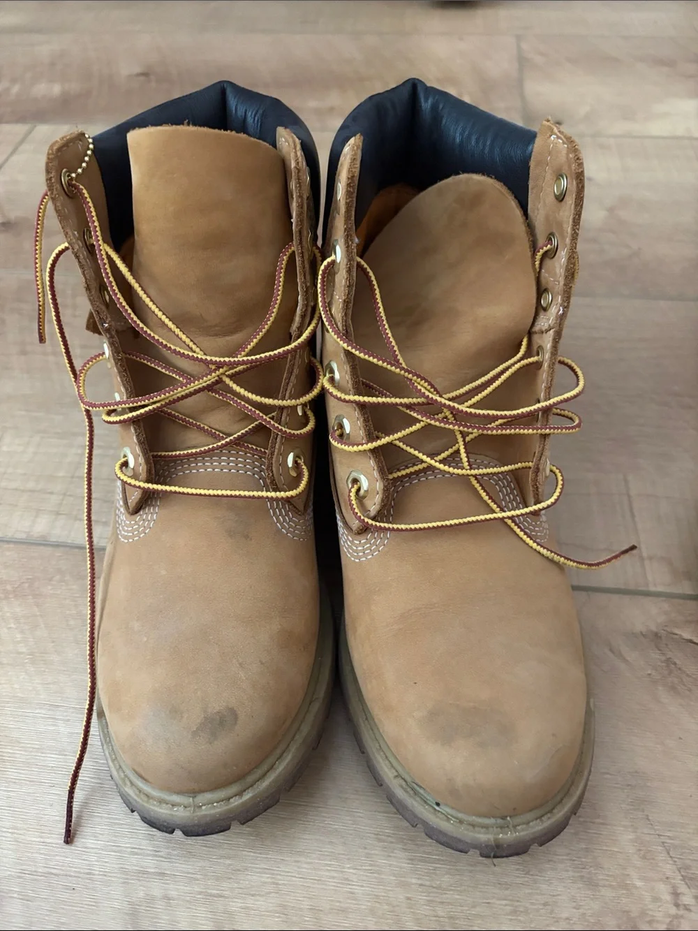 Timberland Wheat Boots with Black Collar and Yellow Laces